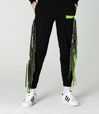 SPODNIE UNISEX CZARNE Z CZARNO- NEONOWYMI FRĘDZLAMI